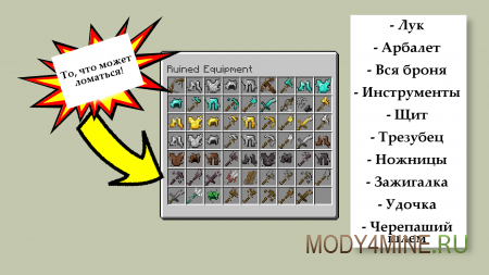 Ruined Equipment - мод на сломанные предметы в Minecraft 1.20.4, 1.19.4, 1.18.2, 1.17.1 и 1.16.5